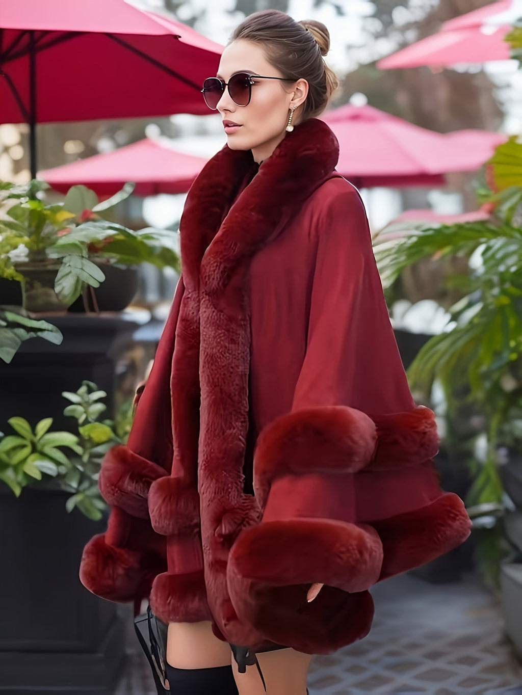 Women's Hooded Cape Coat with Faux Fur Trim