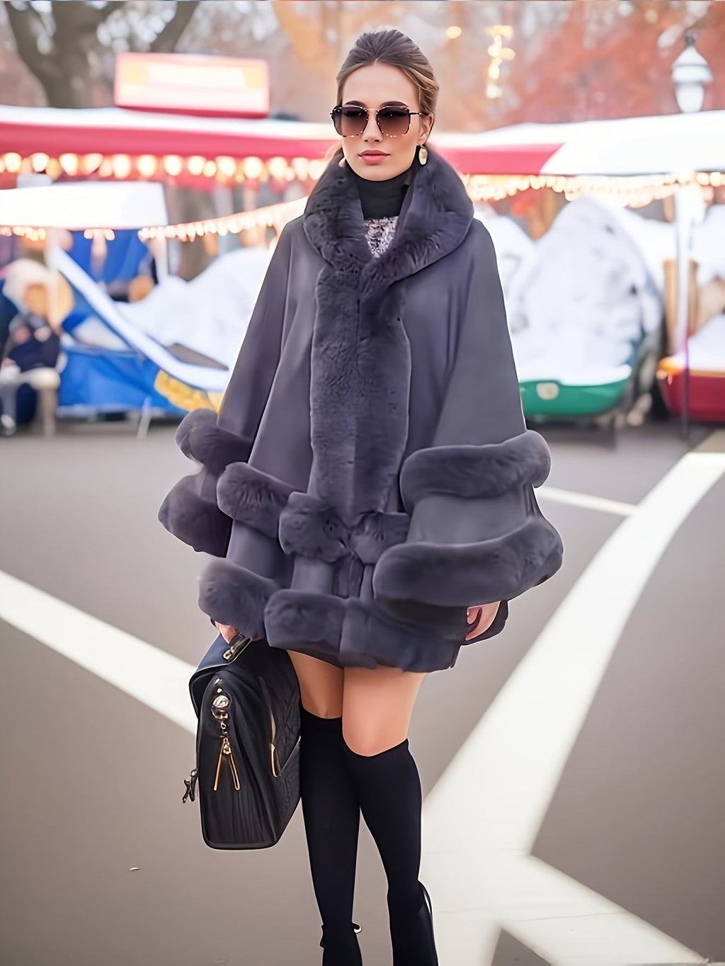 Women's Hooded Cape Coat with Faux Fur Trim