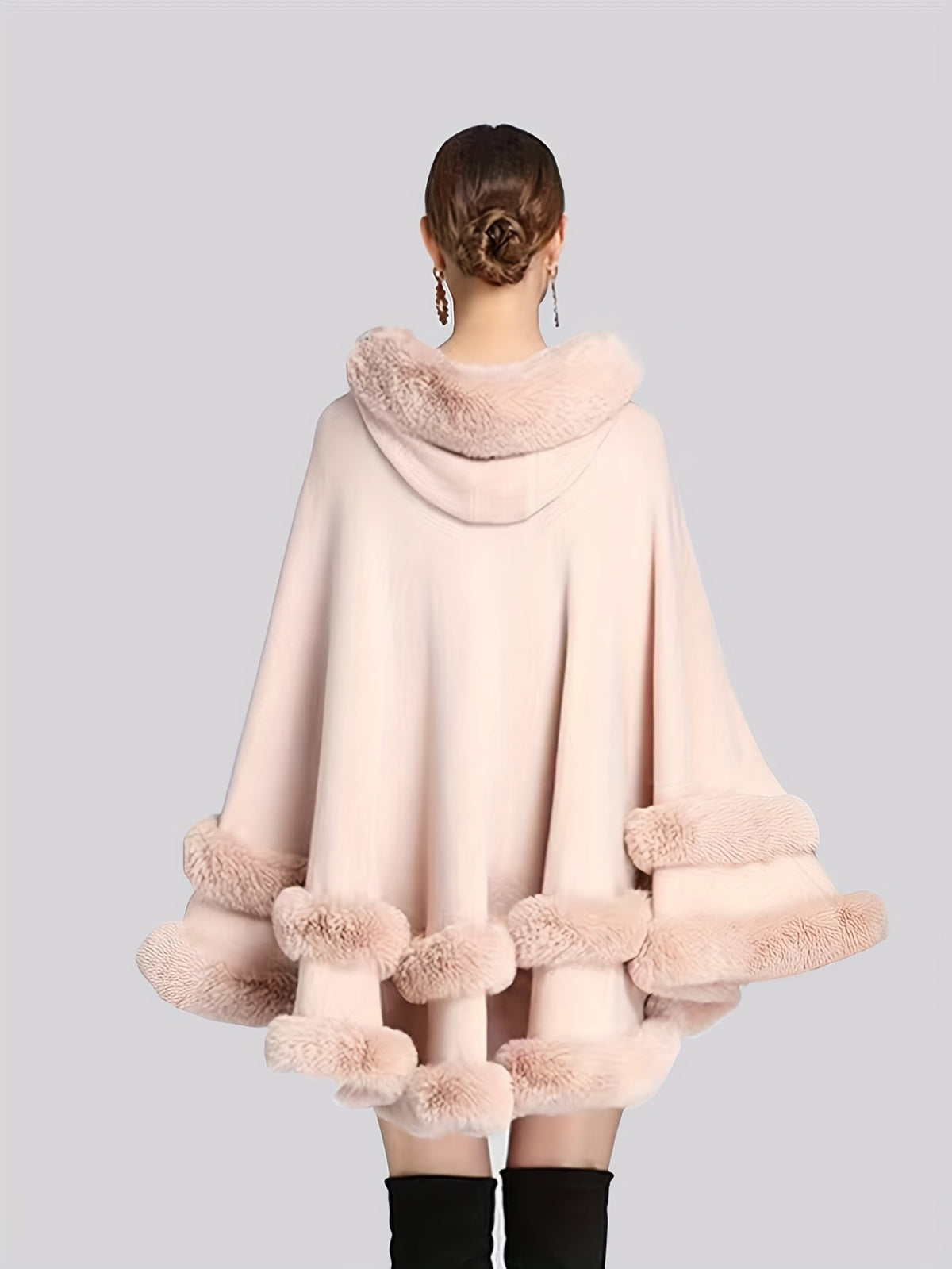 Women's Hooded Cape Coat with Faux Fur Trim