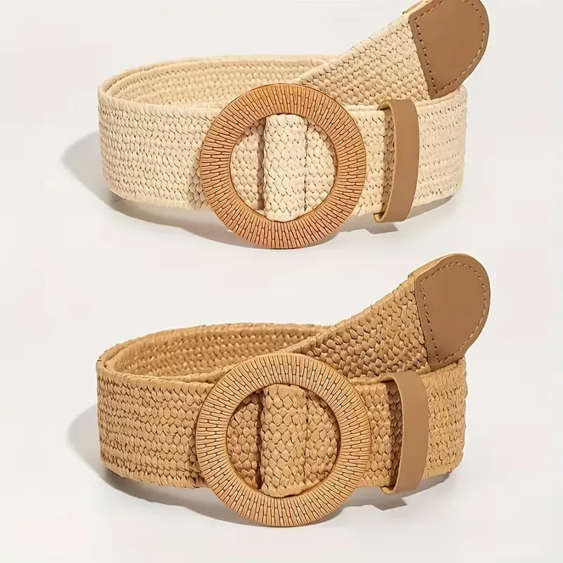 Women's Wide Woven Belt with Round Buckle