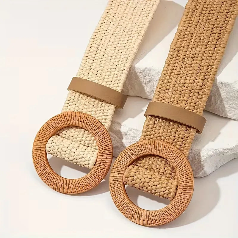Women's Wide Woven Belt with Round Buckle