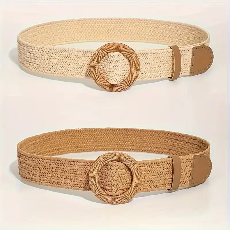 Women's Wide Woven Belt with Round Buckle