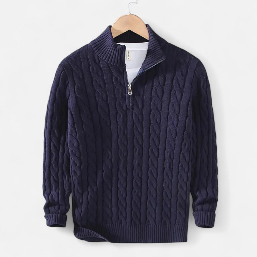 Men's Cable Knit Quarter-Zip Mock Neck Sweater