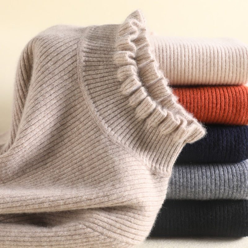 Darya | Cashmere Ribbed Knit Turtleneck with Ruffled Cuffs for Women