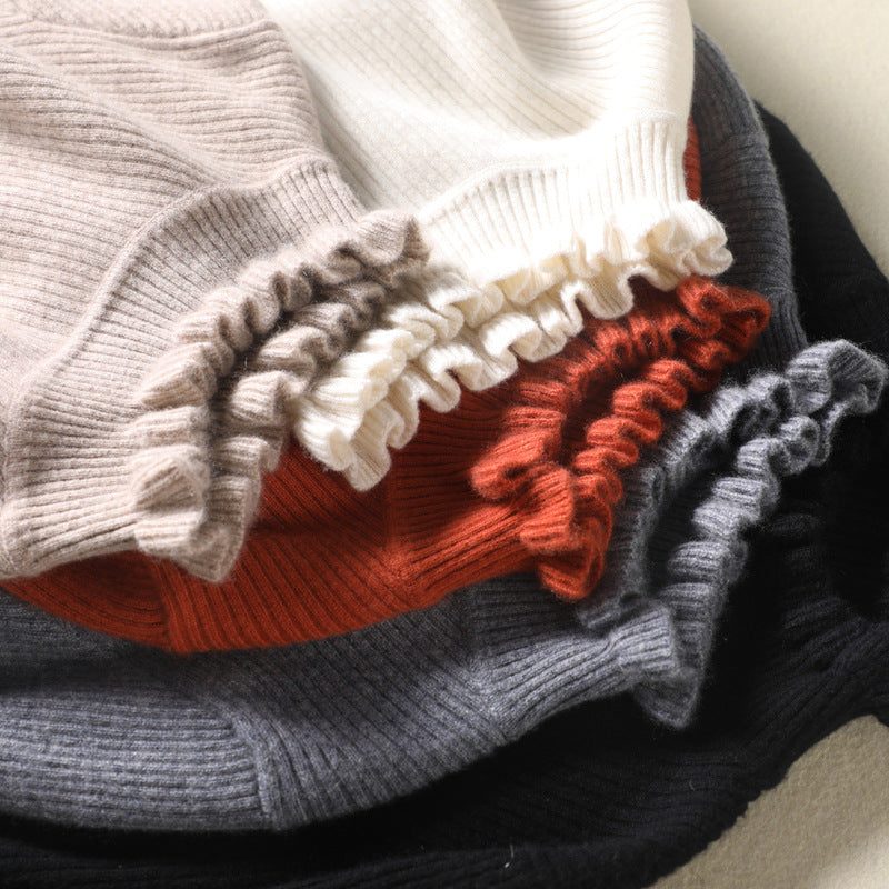 Darya | Cashmere Ribbed Knit Turtleneck with Ruffled Cuffs for Women