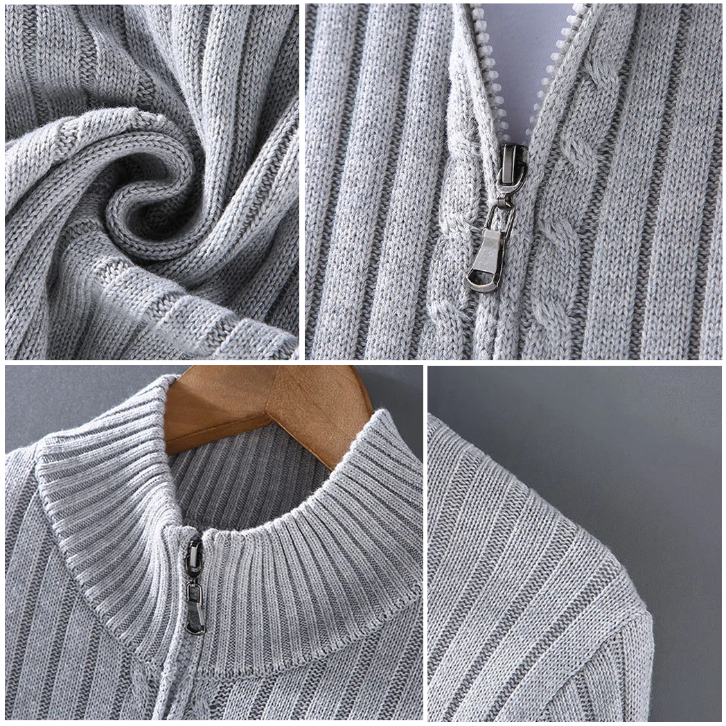 Men's Ribbed Zip Cardigan, Mock Collar, Long Sleeves