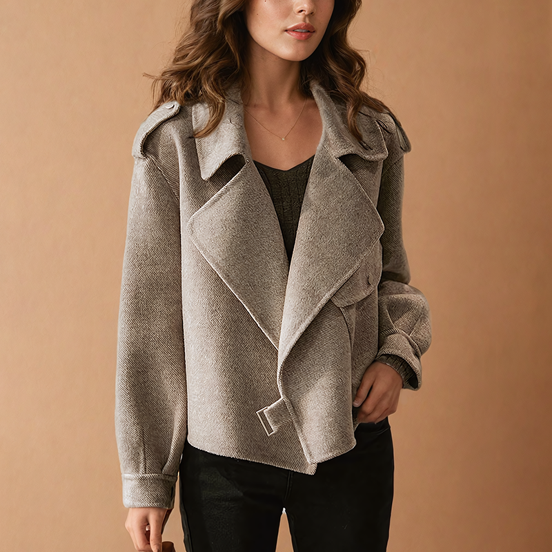 Women's Cropped Wool Jacket with Wide Lapels Zip Front