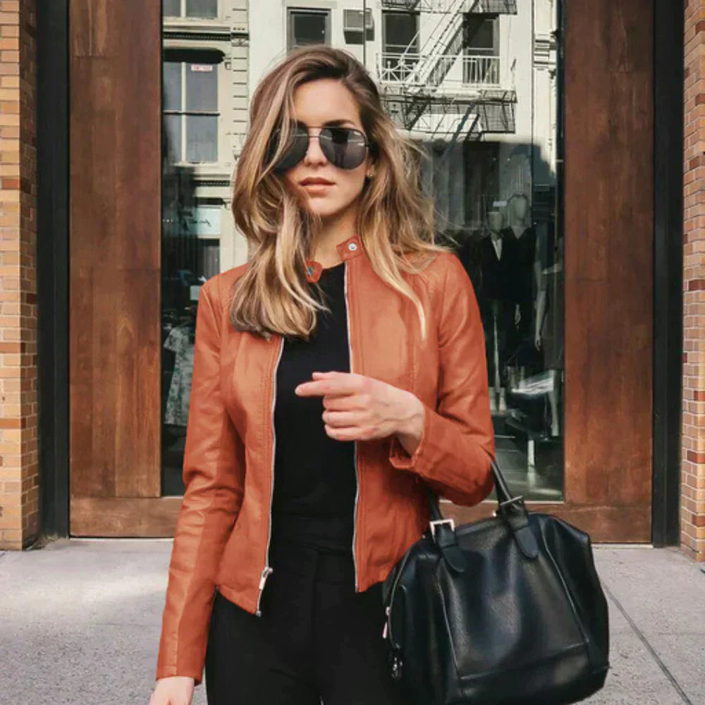 Women's Leather Biker Jacket with Zipper Closure
