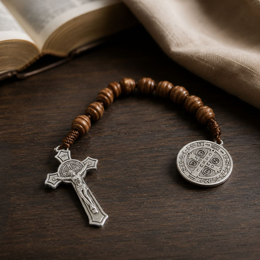 Saint Benedict | Natural Wood Pocket Rosary