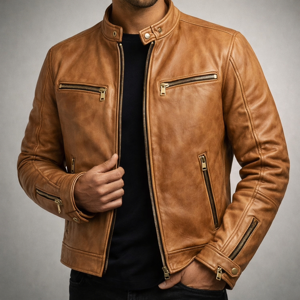 Deacon - Men's Vintage Leather Jacket with Chest Zip Pockets