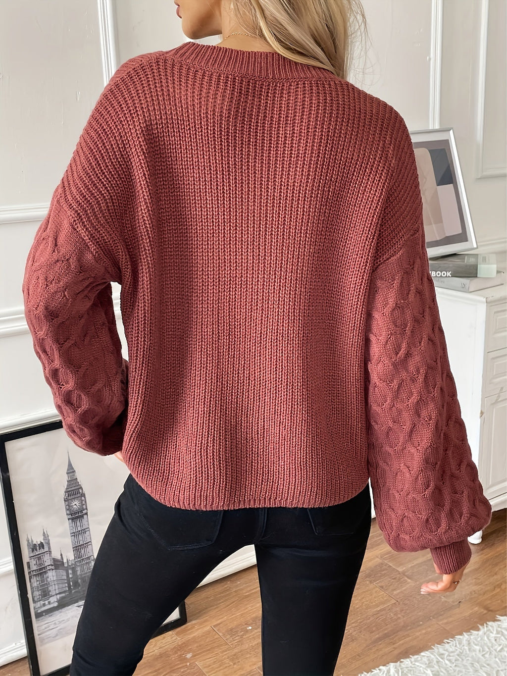 Women's Cable Sleeve Ribbed Sweater Crew Neck Relaxed