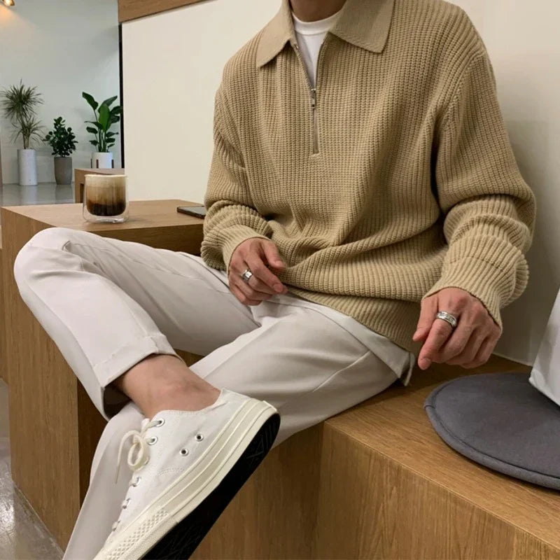 Men's Quarter Zip Rib Knit Sweater, Collared, Long Sleeves