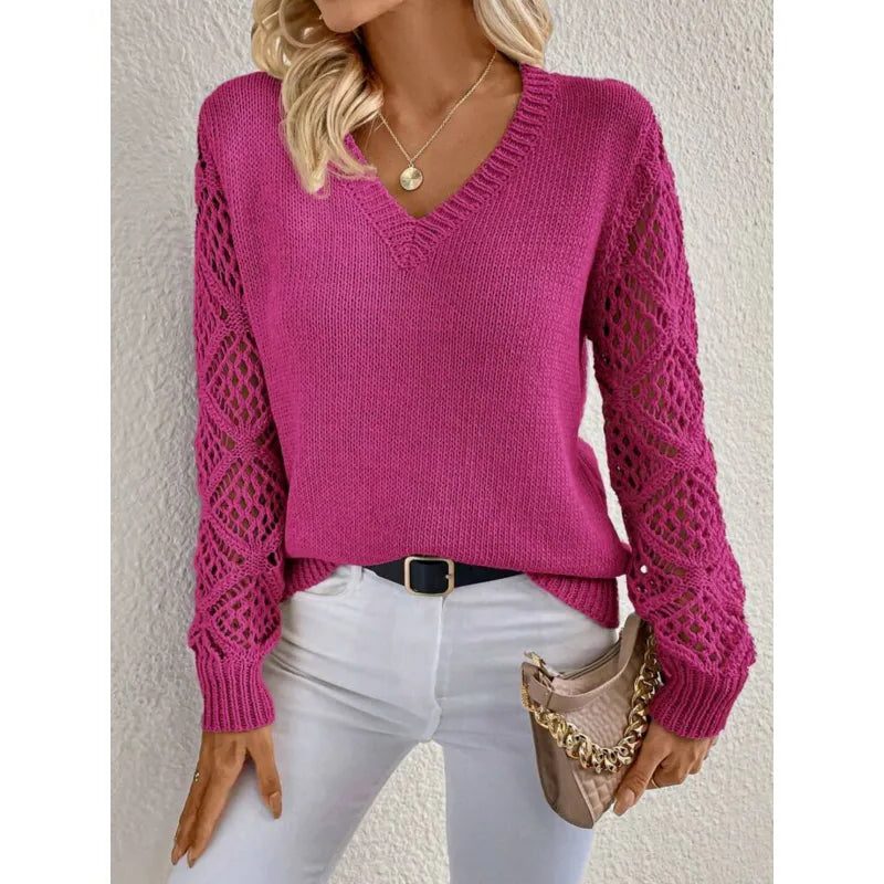 Devin | Knit Sweater with V-Neck and Open Lace Sleeves for Women