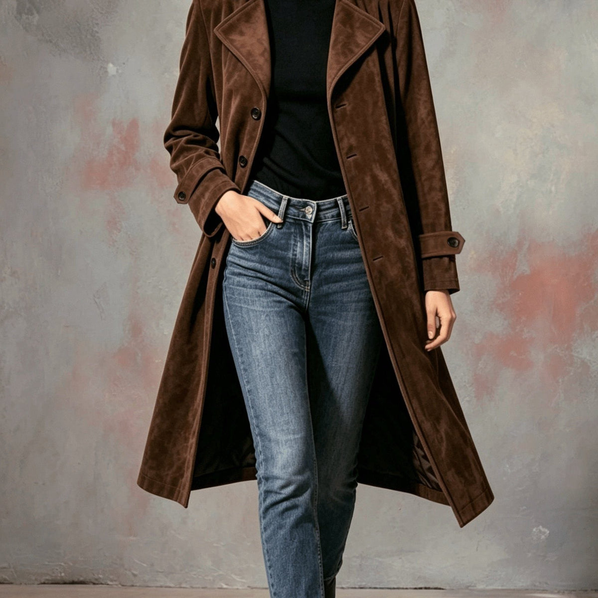 Dolcetta | Suede Long Coat with Lapel Collar for Women