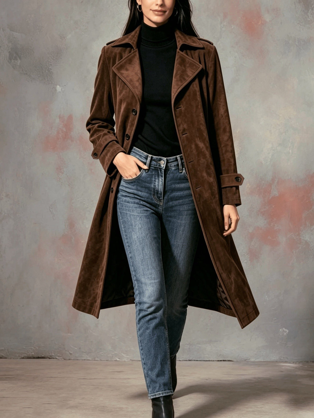 Dolcetta | Suede Long Coat with Lapel Collar for Women