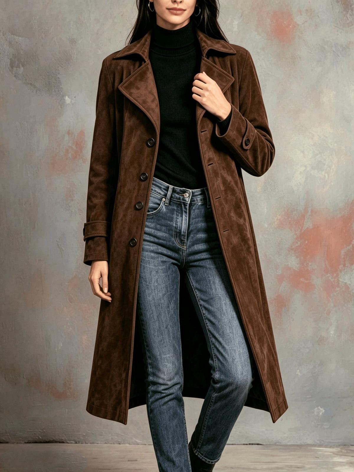 Dolcetta | Suede Long Coat with Lapel Collar for Women