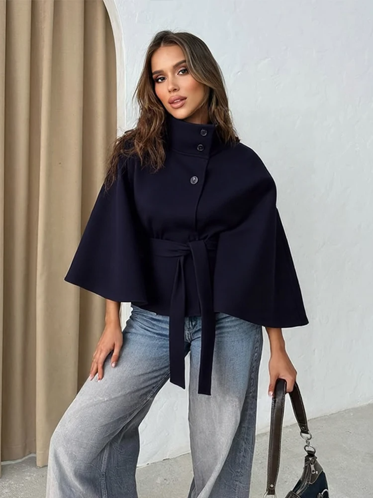 Women's Cape Jacket with High Collar and Belt Tie