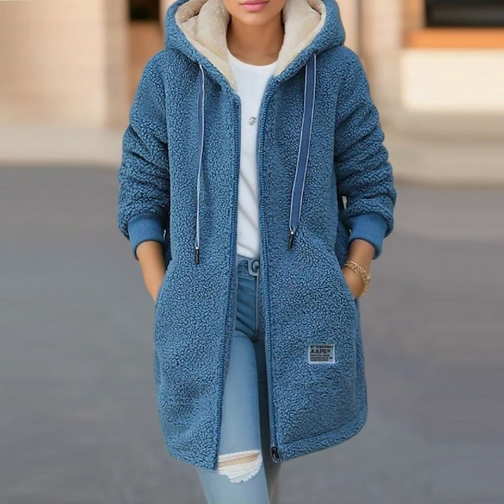 Women's Hooded Teddy Coat with Zip Front and Ribbed Cuffs