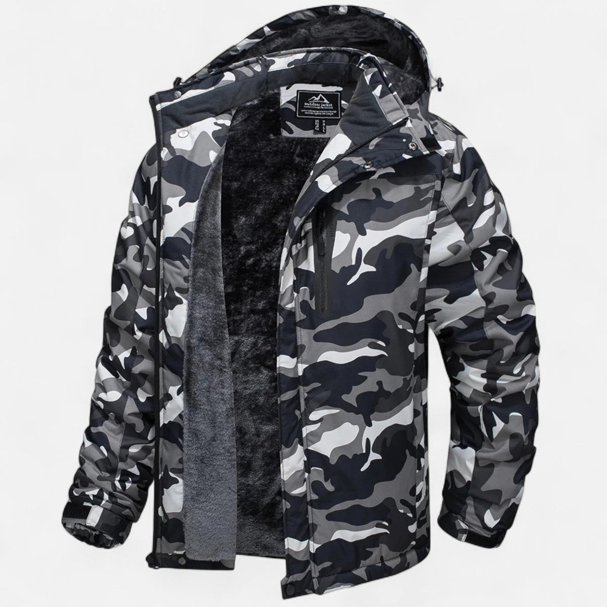 Men's Hooded Winter Parka Jacket, Fleece Lining, Camo Pattern