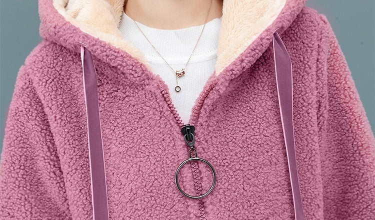 Women's Hooded Teddy Coat with Zip Front and Ribbed Cuffs