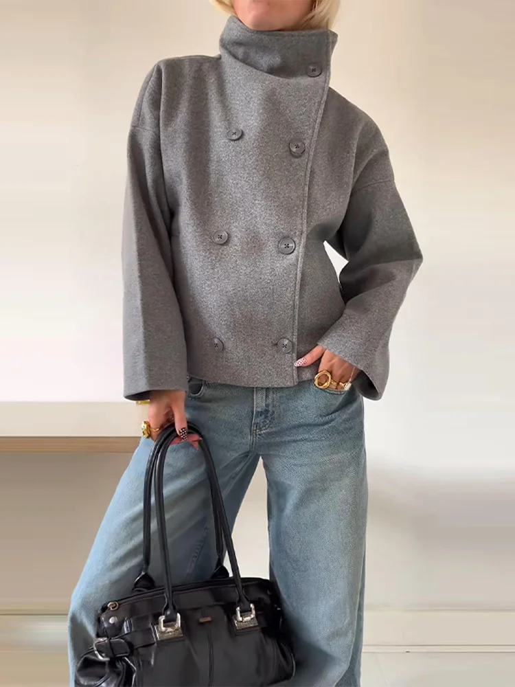 Women's Oversized Wool-Blend Jacket with Stand Collar