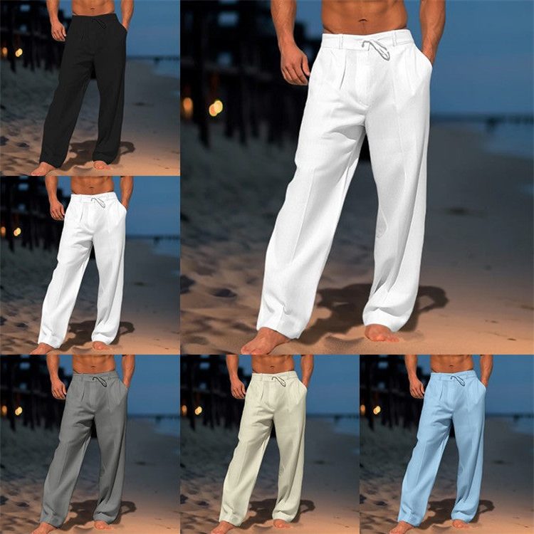Drawstring Linen Straight Leg Trousers for Men