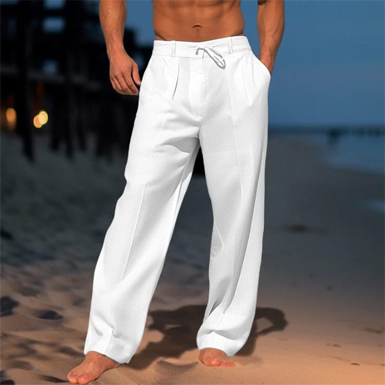 Drawstring Linen Straight Leg Trousers for Men