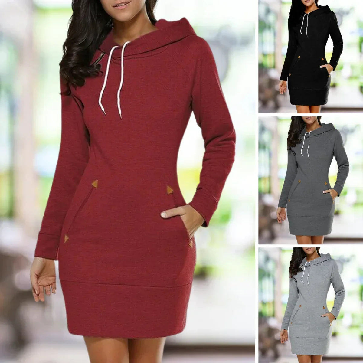 Women's Hooded Knee-Length Sweatshirt Dress, Long Sleeves