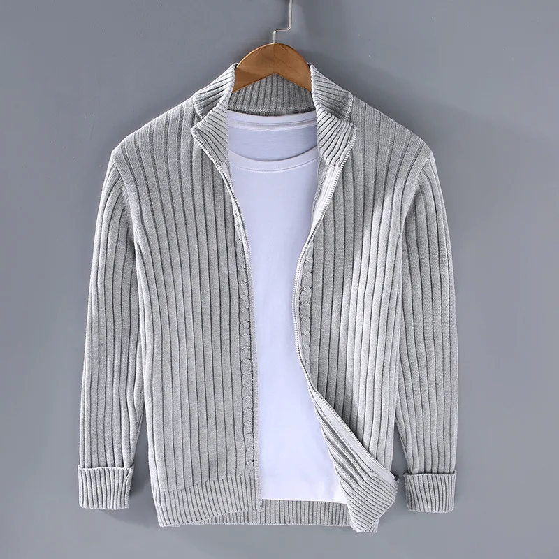 Men's Ribbed Zip Cardigan, Mock Collar, Long Sleeves