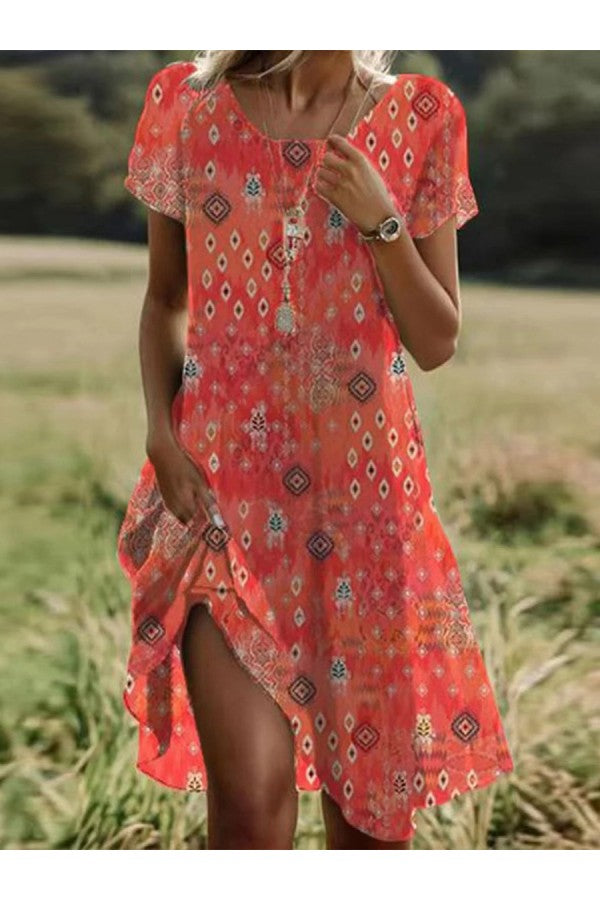 Women's Short Sleeved Boho Midi Dress with Geometric Floral Print