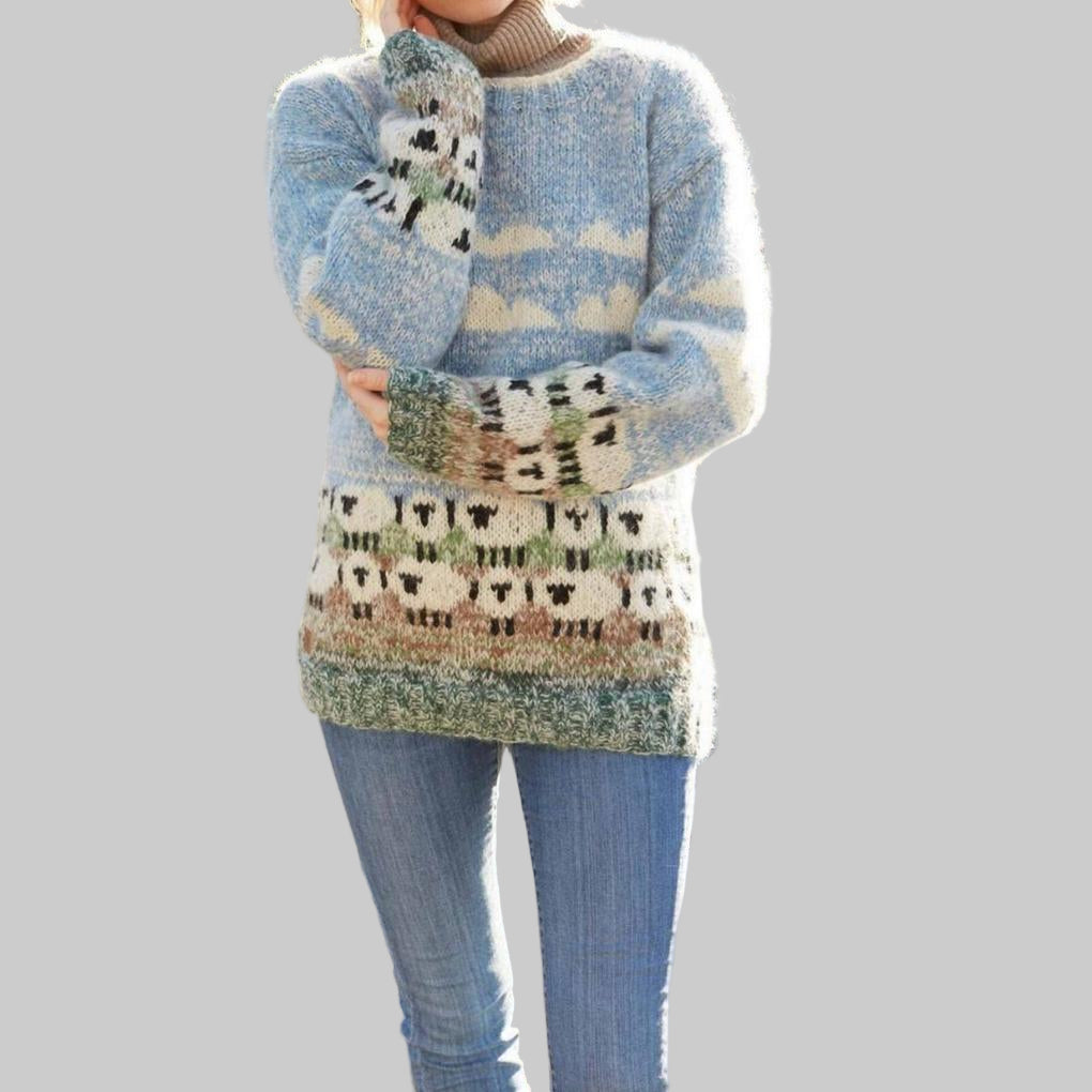 Women's Sheep Motif Pullover Sweater with Long Sleeves
