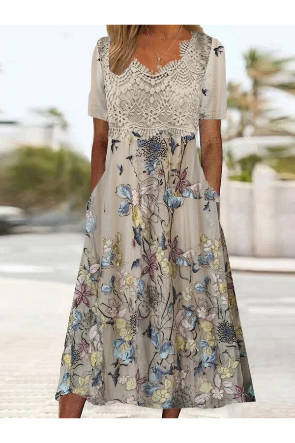 Women's Graphic Lace Midi Dress with V-Neckline and Short Sleeves
