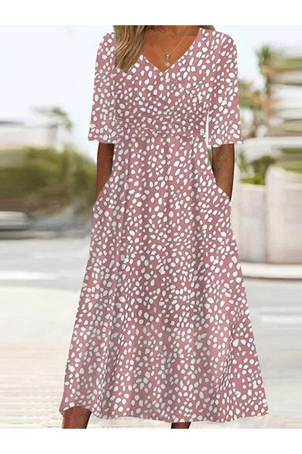 Women's Polka Dot Midi Dress with V-Neckline