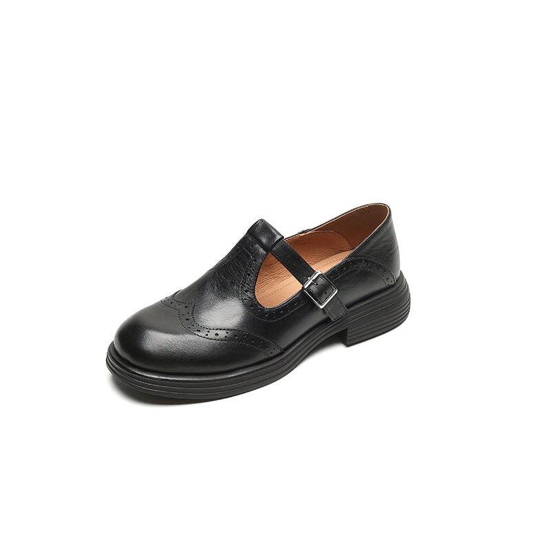 Women's Leather T-Strap Mary Jane Shoes with Brogue Detailing and Block Heel