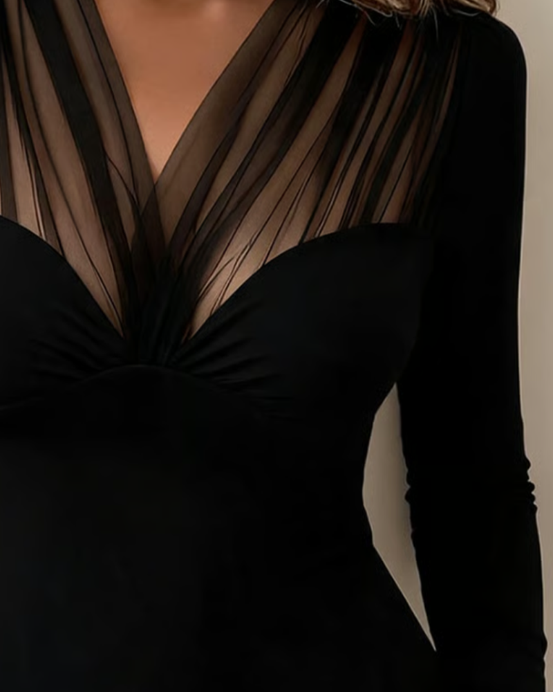 Women's V-Neck Blouse, Sheer Panel, Long Sleeves, Fitted