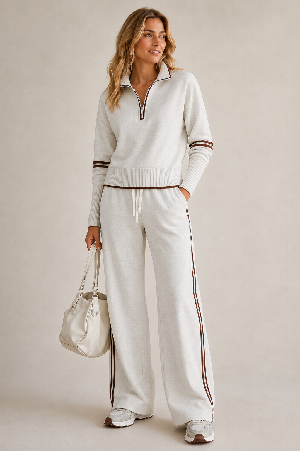 Women's Zip Sweater Set, Mock Neck, Wide-Leg Trousers