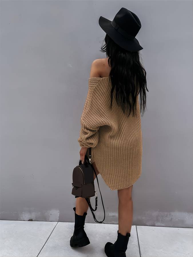 Women's Oversized V-Neck Sweater Dress with Drop Shoulder