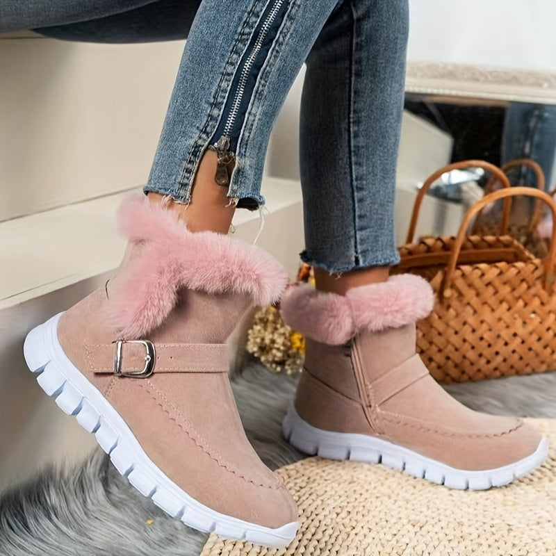 Women's Faux-Fur Trim Ankle Boots with Buckle Detail