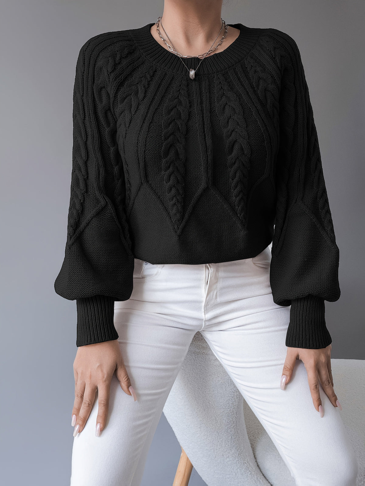 Women's Cable-Knit Sweater with Lantern Sleeves
