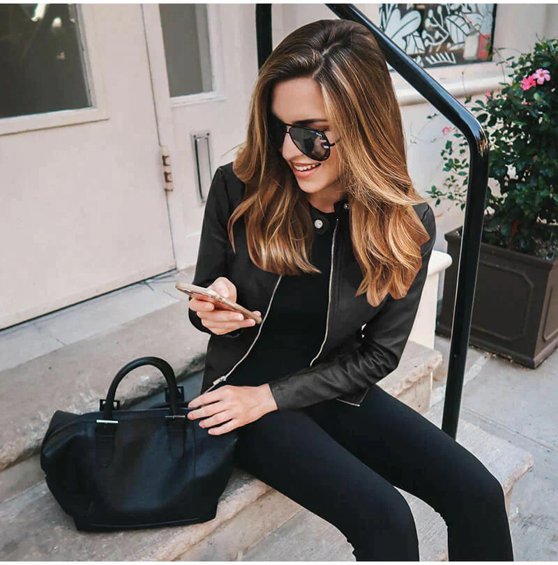 Women's Leather Biker Jacket with Zipper Closure
