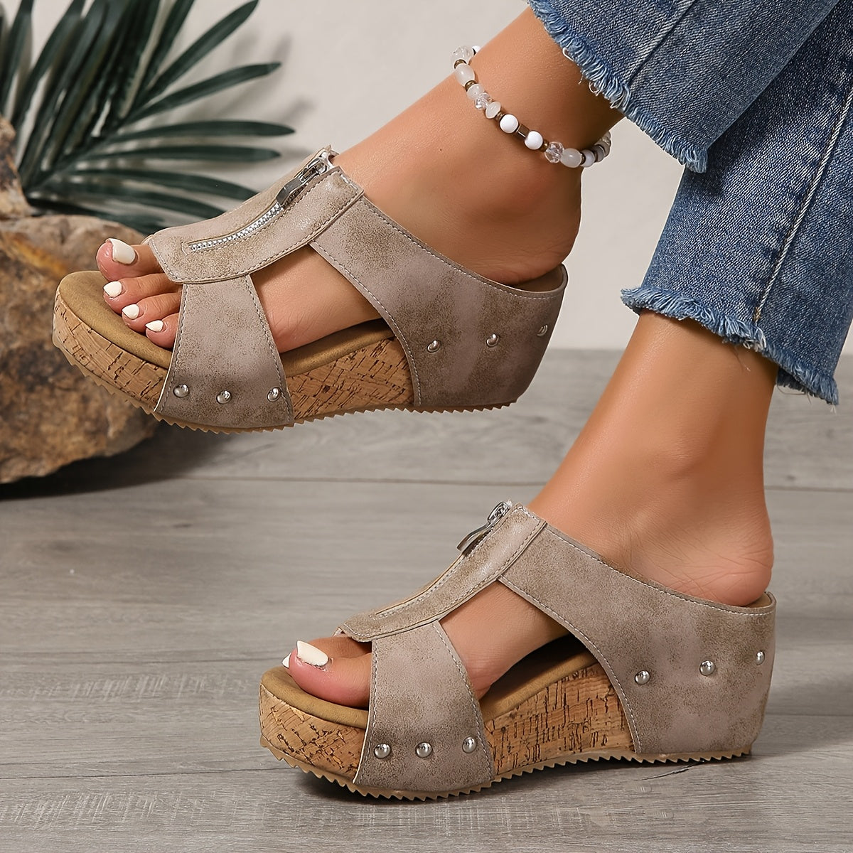 Women's Platform Slip-On Wedge Sandals with Cushioned Support and Zip Closure