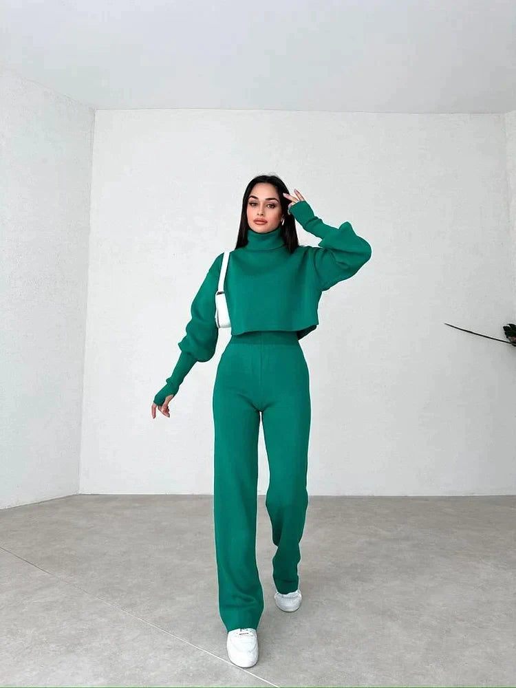 Women's Turtleneck Sweater Set with Relaxed Trousers