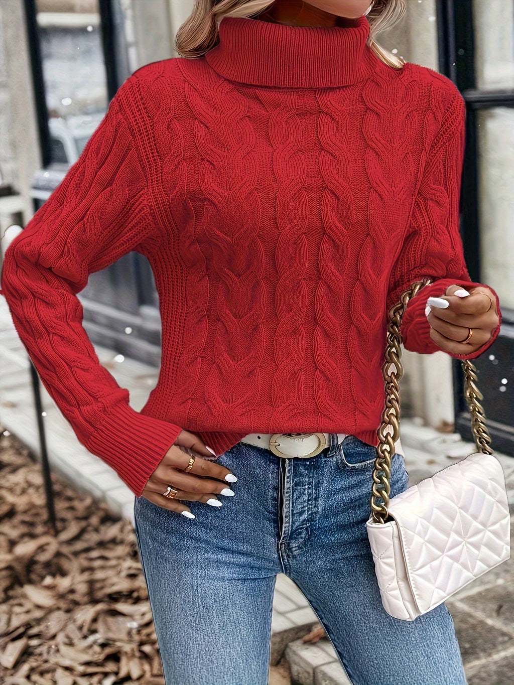 Women's Cable-Knit Turtleneck Sweater with Long Sleeves