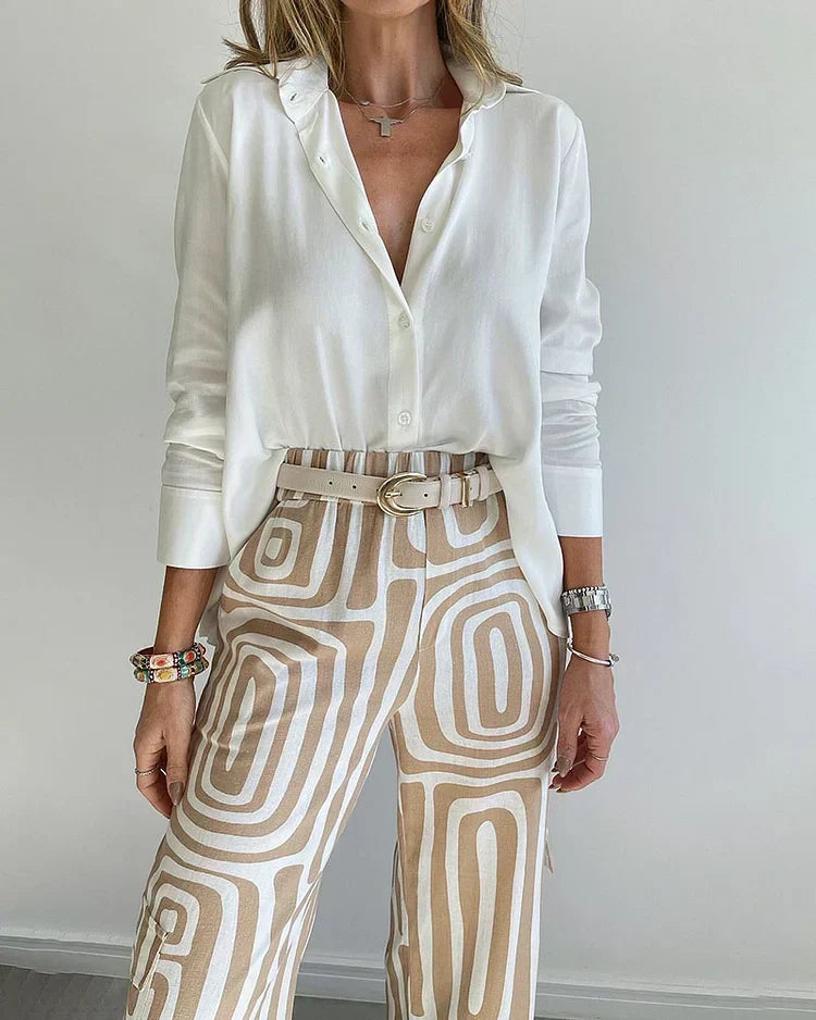 Women's Two-Piece Set with Geometric Print and Free Belt