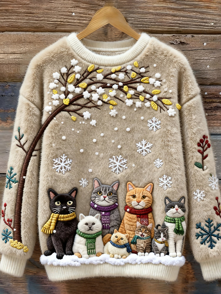 Unisex Cat And Snowflake Christmas Sweater, Crew Neck, Long Sleeves