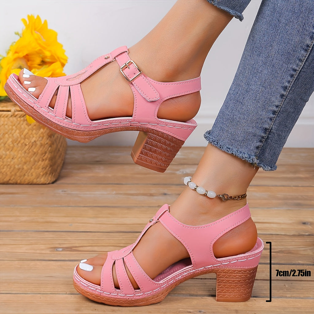 Women's Block Heel Cushioned Sandals with Vintage Straps and Padded Insole