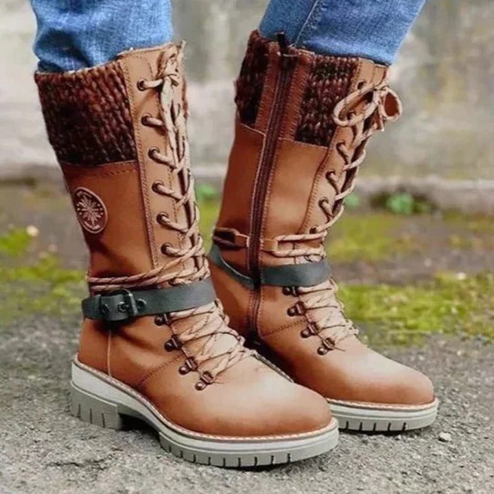 Edith | Western Lace-Up Knee High Heeled Boots with Knit Cuff for Women