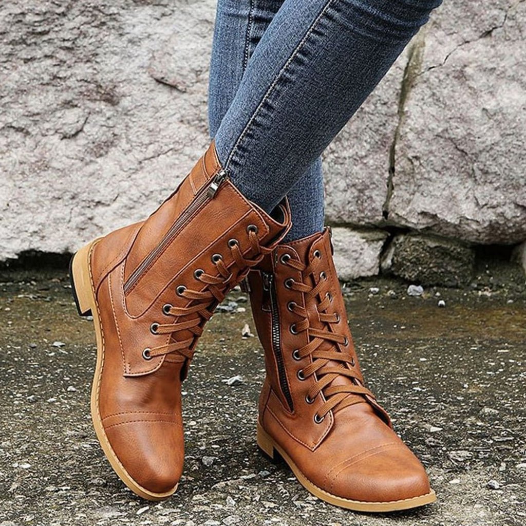 Edwina | Lace-Up Combat Boots with Side Zip for Women