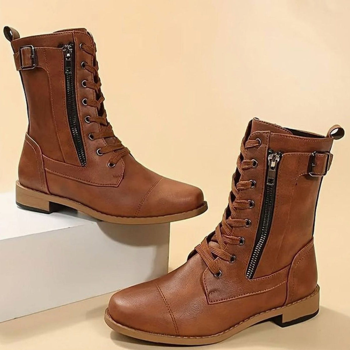 Edwina | Lace-Up Combat Boots with Side Zip for Women