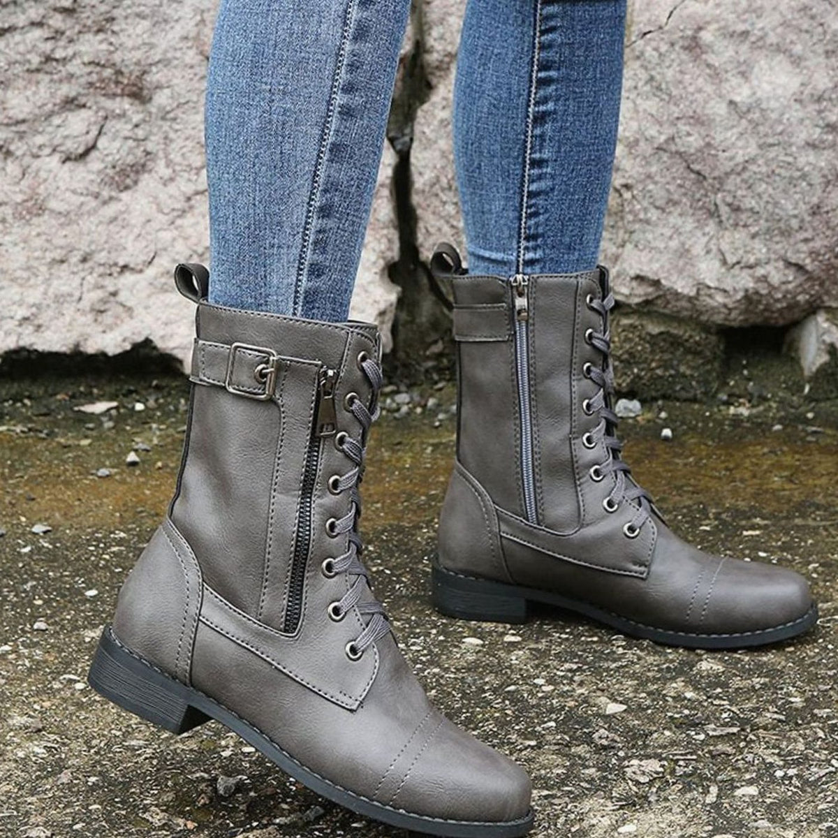 Edwina | Lace-Up Combat Boots with Side Zip for Women